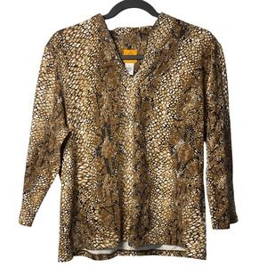 Ruby Rd Large Animal Print Snakeskin Blouse Brown Black Long Sleeve Tunic Top